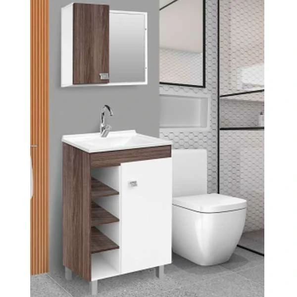 Armario - Conjunto para Banheiro - Sophia Com Pés  - 60cm - Amendoa/Branco - Fabribam