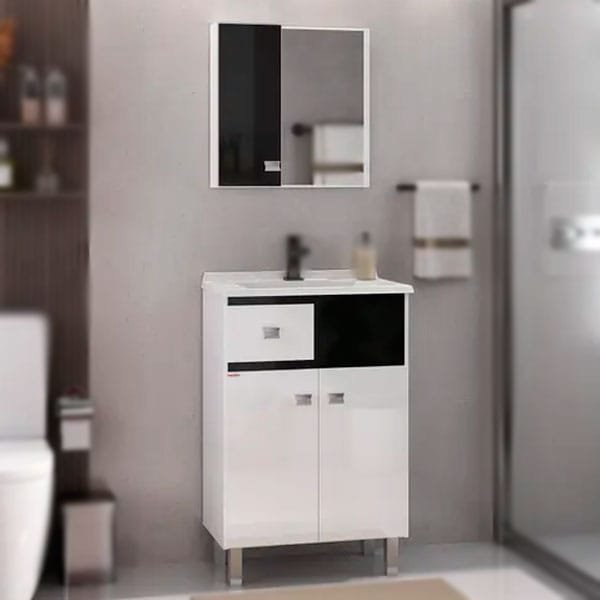 Armário de Banheiro com Espelheira Fabribam 60cm com Pés Preto/Branco