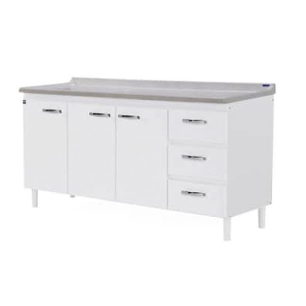 Balcão para pia 1,60 Luxo Corsini Branco 3 Gavetas - Tampo não incluso